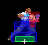 Hurtboxes are in the lower lanes, with hitboxes poking into the higher lanes.