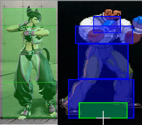 SF6 uses ‘flat’ laning in the idle hurtbox. SF3 uses more varied laning of the hurtboxes.